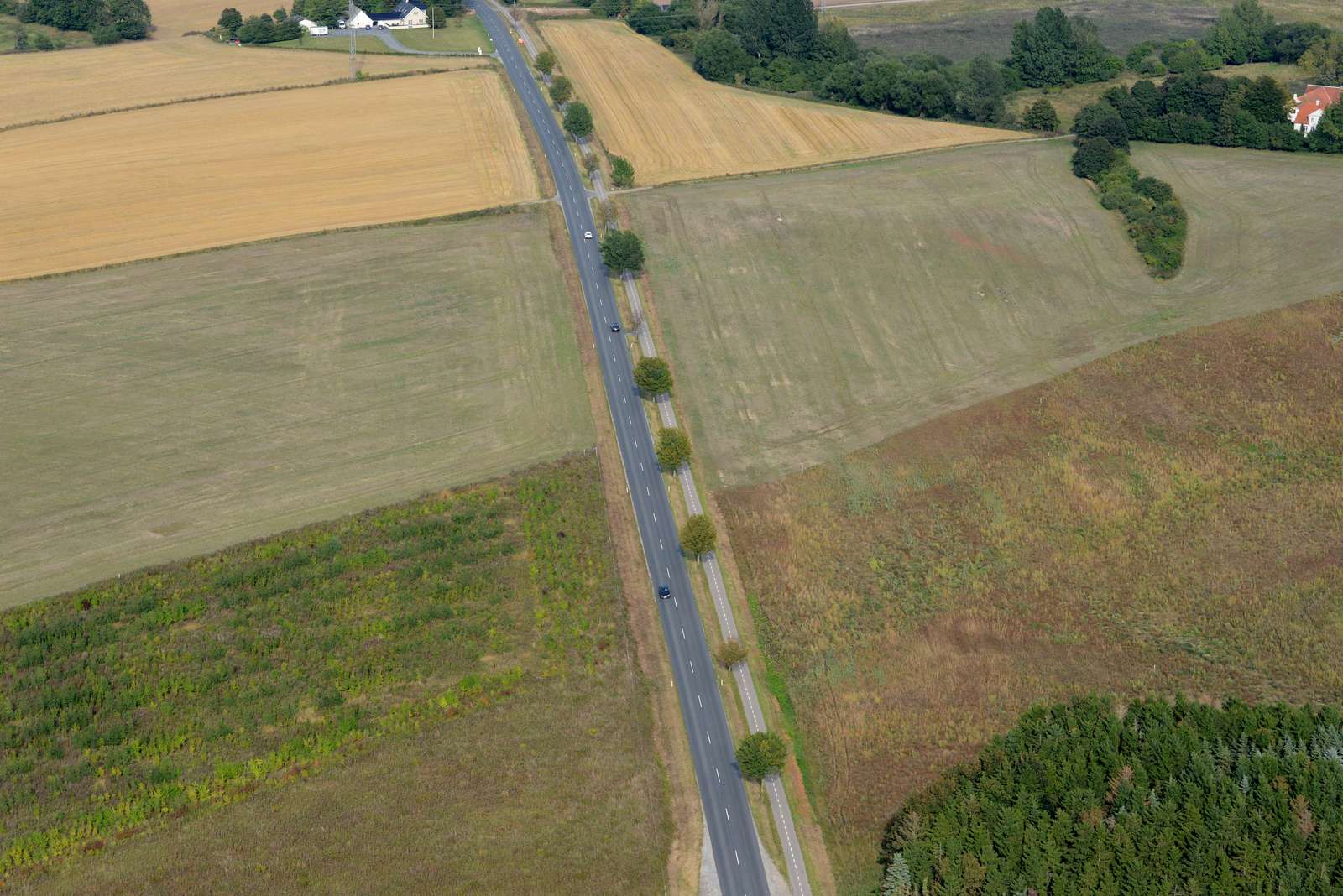 Luftfoto af et landskab med marker, der skæres igennem af en mindre vej