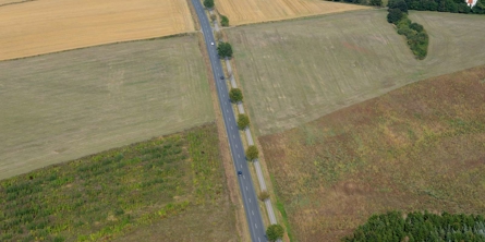 Luftfoto af et landskab med marker, der skæres igennem af en mindre vej
