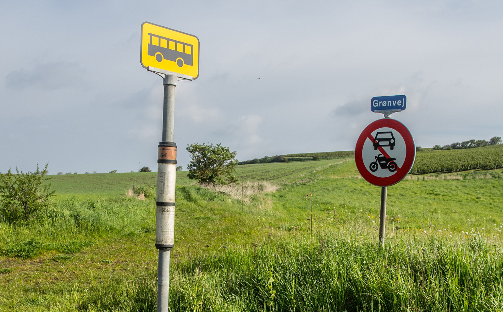 Busstop på landet med marker i baggrunden